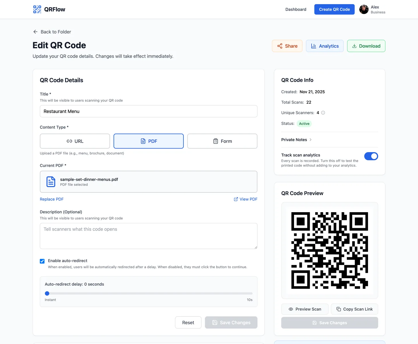 The QRFlow editor, showing a restaurant menu QR code with its PDF destination and live preview